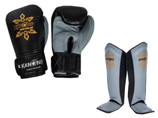 「Kanong」本革 ボクシンググローブ + レッグガード （レガース） : 黒/灰色